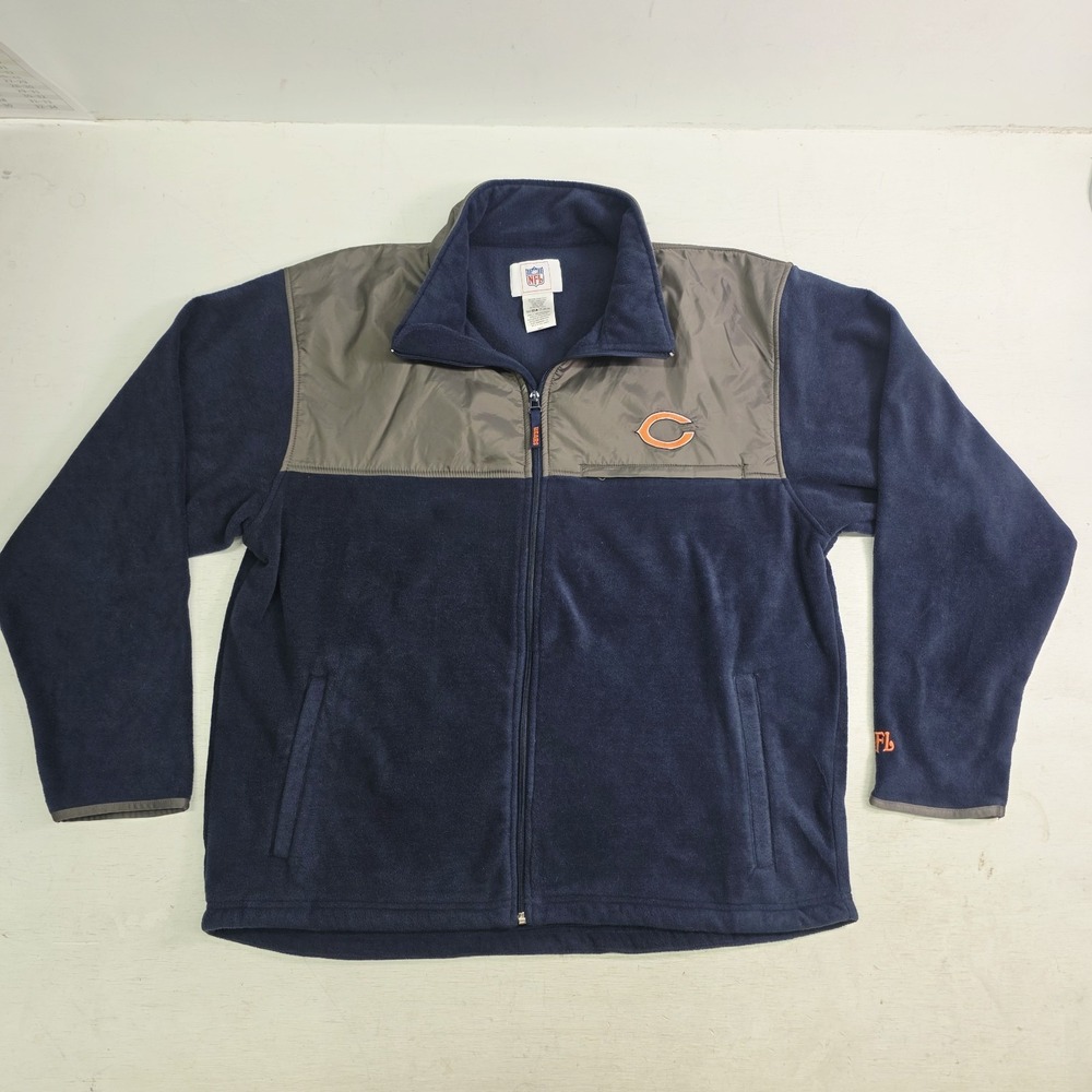 NFL Chicago Bears Mens XL Fleece Full Zip Jacket Navy Blue Gray Colorblock EUC